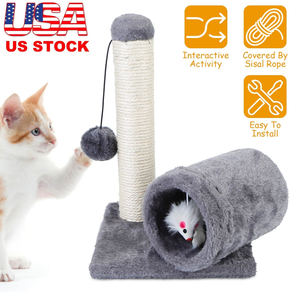 Cat Scratching Post Cat Kitten Sisal Scratch Post Toy w/ Tunnel & Lifelike Mouse Toy Pet Activity Play Fun