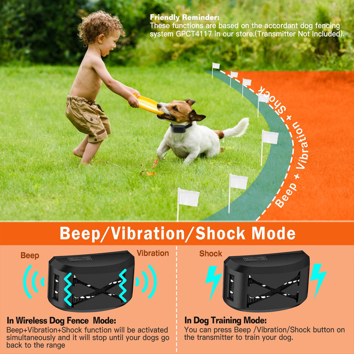 Electric Dog Collar Receiver Anti-Bark Dog Deterrent Training Collar with Beep Vibration Shock Modes for Dog Fence System