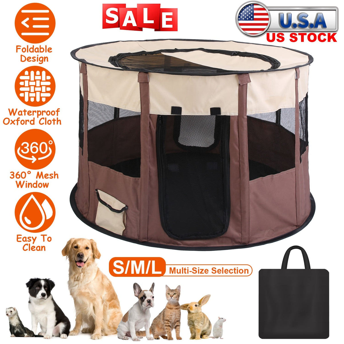 Foldable Playpen for Dog with Carry Bag Portable Travel Waterproof Indoor Outdoor Pet Cage Tent Detachable Upper Cover For Dog Cat Rabbit
