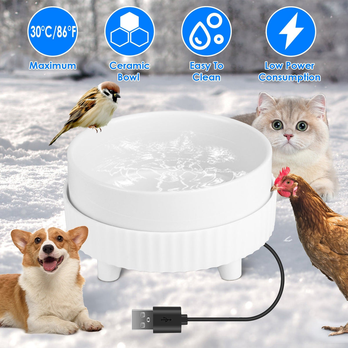 Heated Water Bowl For Dogs And Cats Ceramic Heated Pet Water Bowl Food Warmer USB Powered Thermal Pet Bowl Provide Fresh Non Freezing Drinkable Water