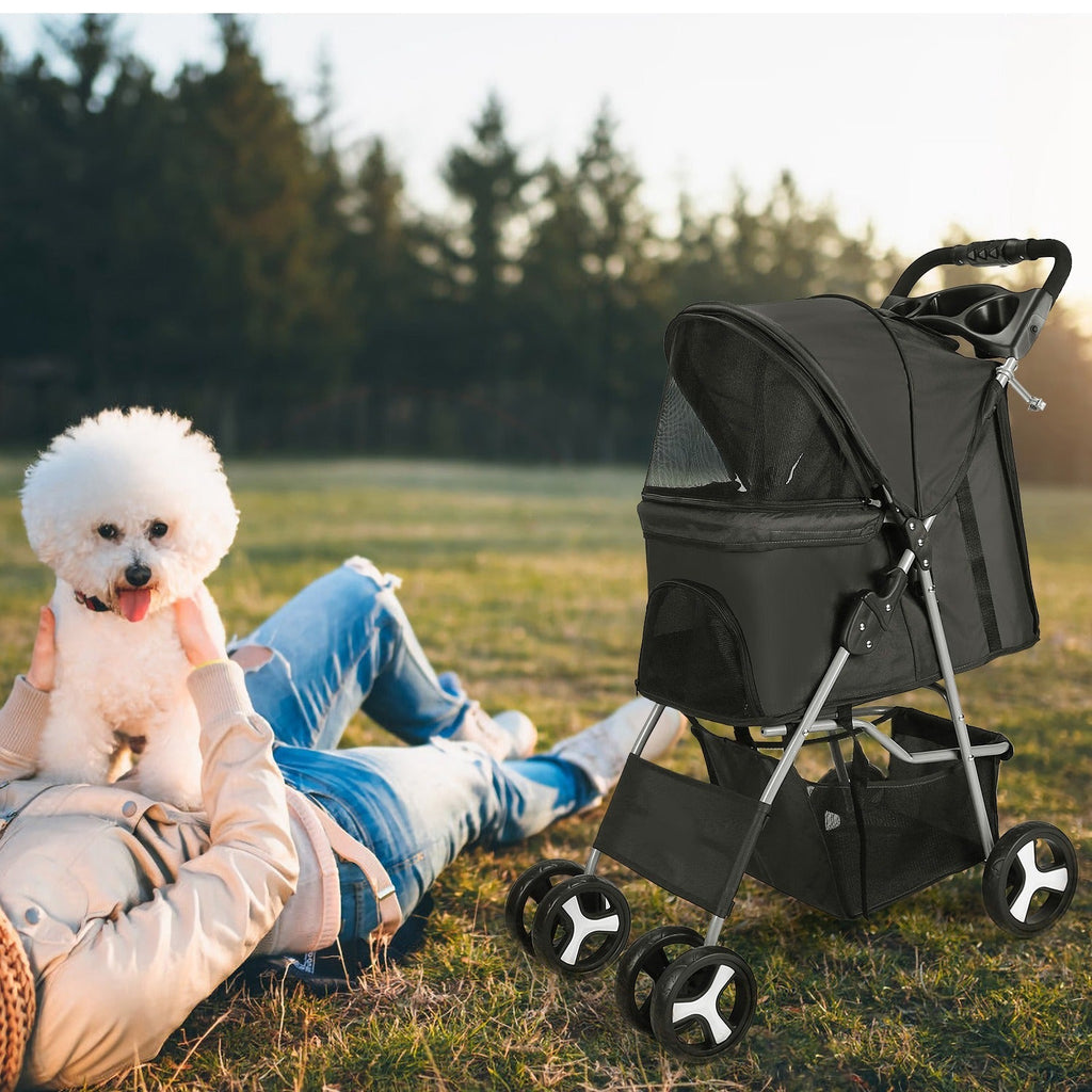 4 Wheels Pet Stroller Foldable Carrier Strolling Cart Travel Jogger Pet Stroller with Removable Liner Storage Basket for Dog Cat