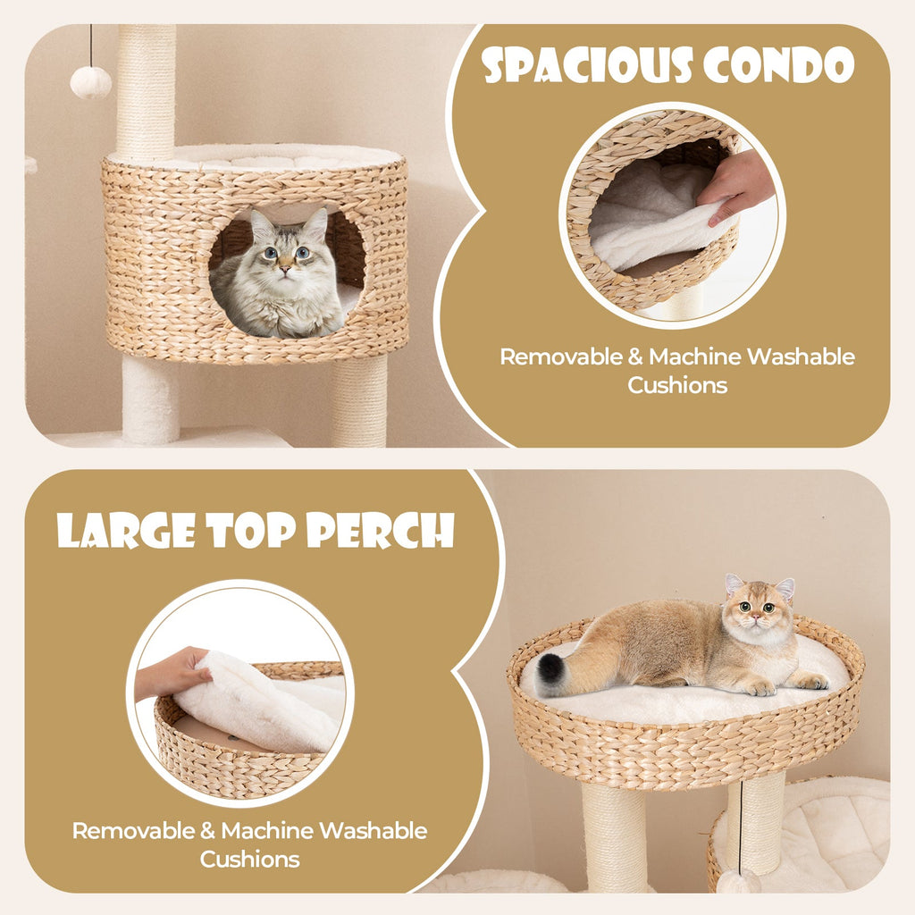 Modern Cat Tree for Indoor Cats with Cattail Fluff Condo and Top Perch-Natural