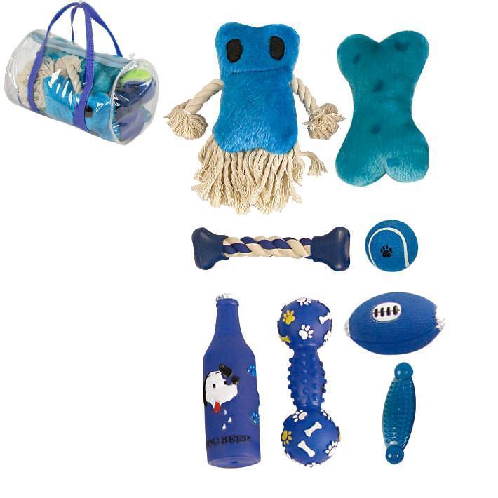 Pet Life ® 'Duffle Bag' 8 Piece Jute Rope and Rubberized Squeak Chew Pet Dog Toy Gift Set