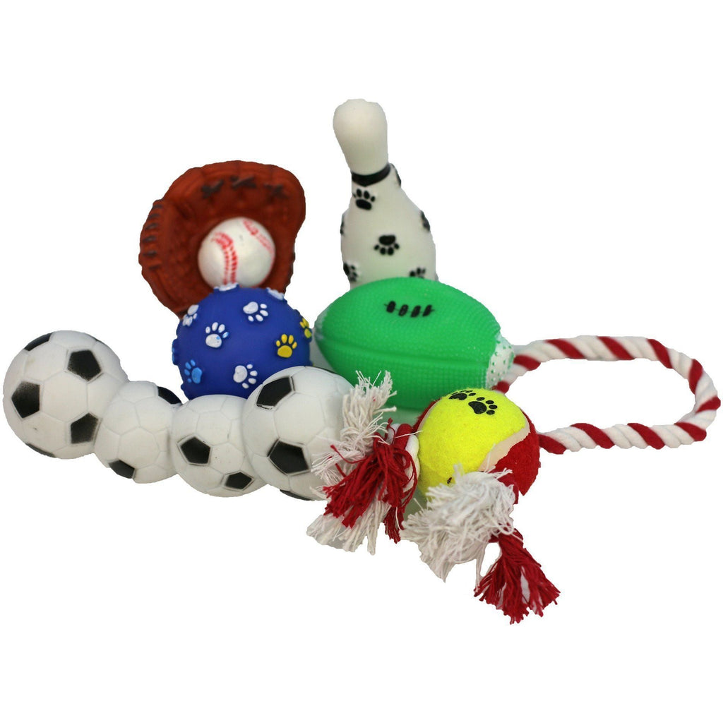 Pet Life ® 'Sport Themed' 7 Piece Jute Rope and Rubberized Squeak Chew Pet Dog Toy Gift Set