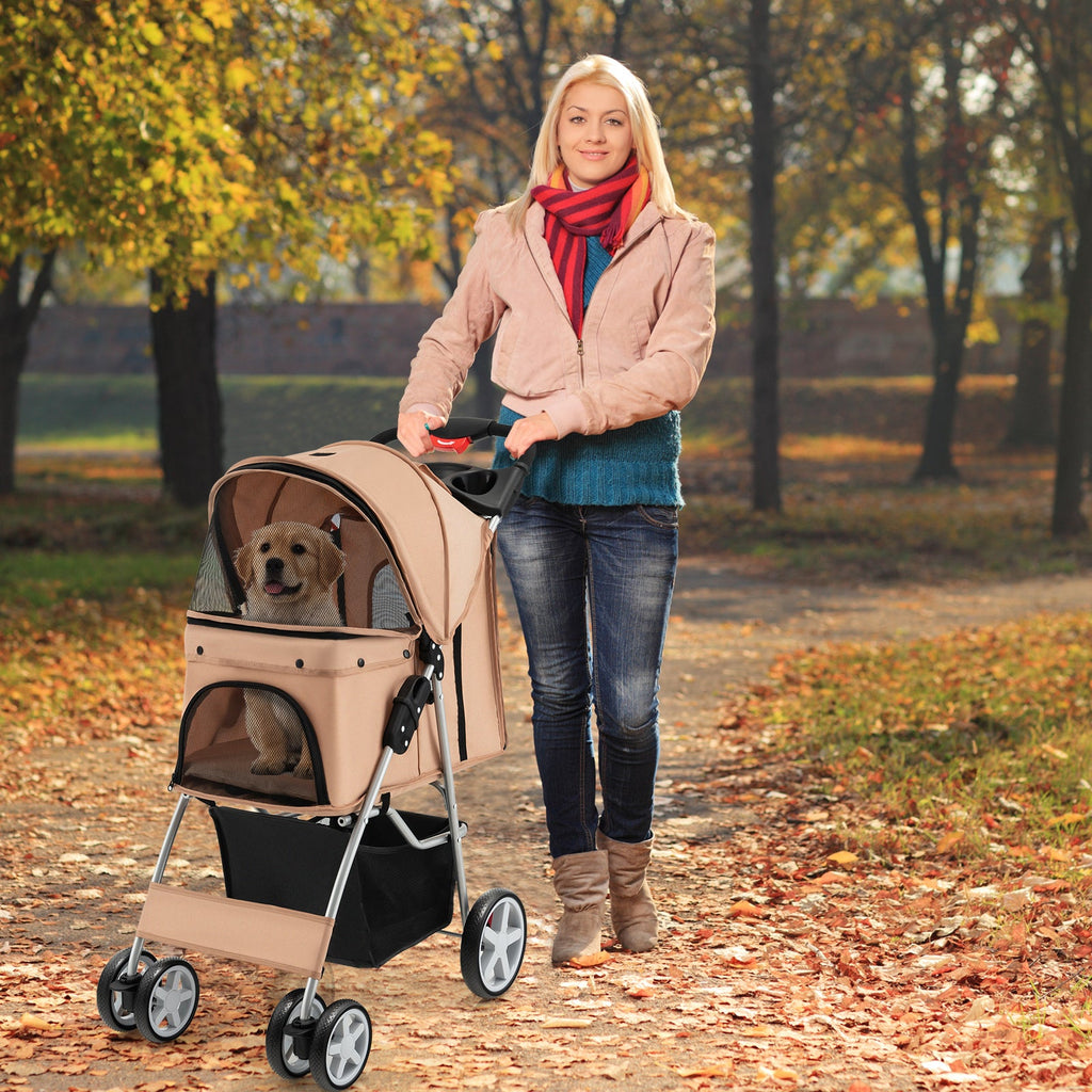 Folding Pet Stroller with Storage Basket and Adjustable Canopy-Beige