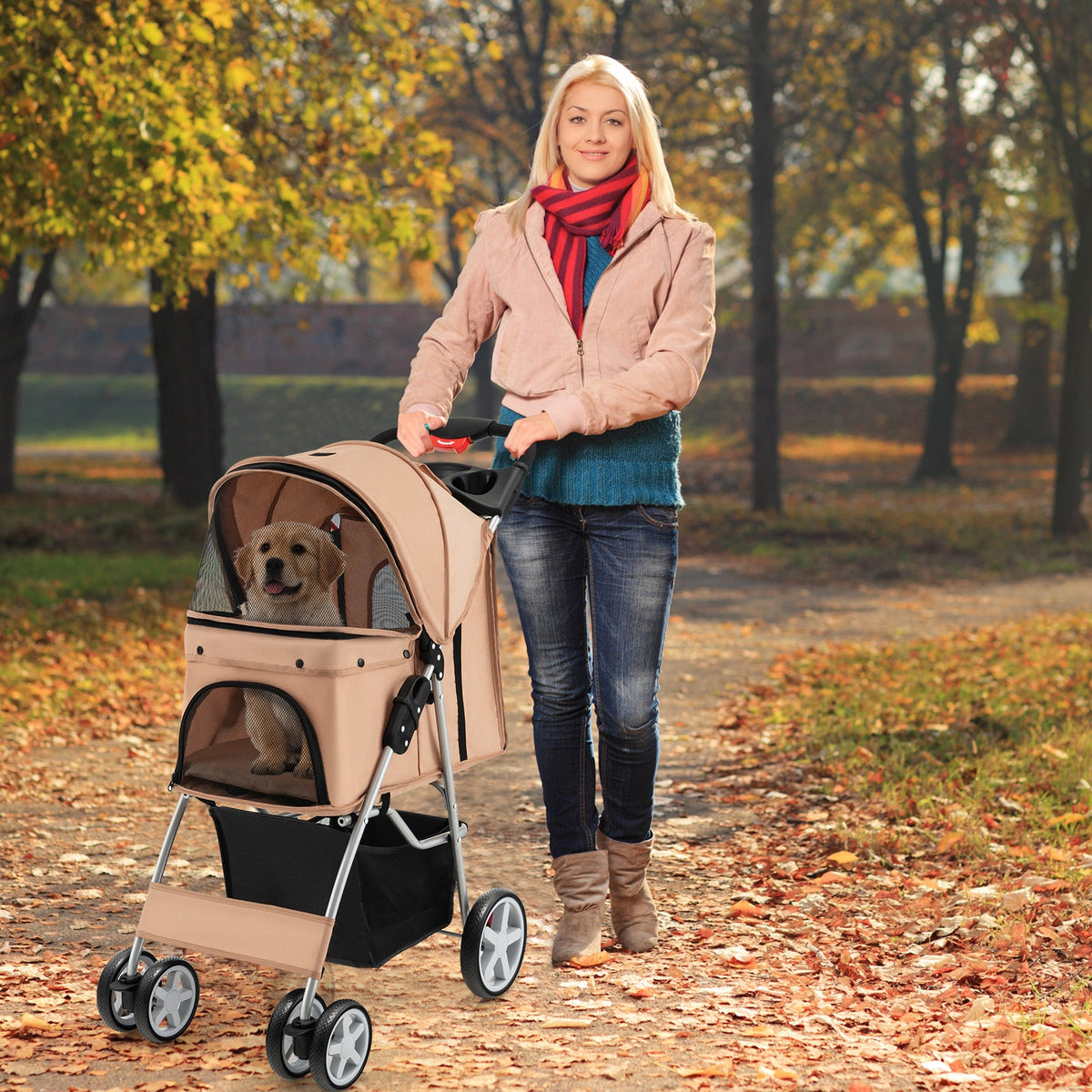 Folding Pet Stroller with Storage Basket and Adjustable Canopy-Beige
