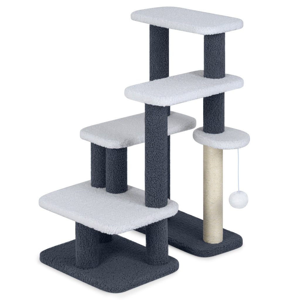 2-in-1 Cat Stairs Cat Tree Tower with Scratching Posts and Hanging Toy Ball-Gray